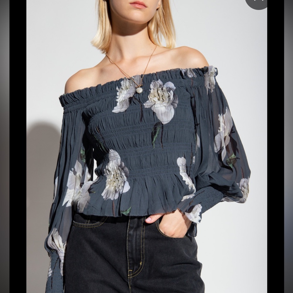 NWT AllSaints Lara Cordelia Off Shoulder Top Size 10 Smoke Grey Floral Blouse